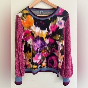 bl^nk London Anthropologie Floral Eyelet Sleeve Sweater Size Small Vibrant Print